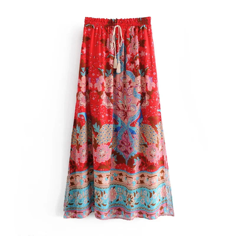 Boho Queens Peacock Women Vintage Floral Printed Tassel Beach Bohemian Maxi Skirts Ladies Elastic Waist Rayon Long Skirt