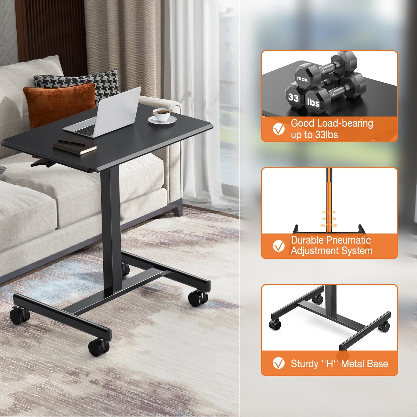 JHK Portable Computer Desk Laptop Height Adjustable Table Mobile Sitting Workstation Lockable Wheels Suitable For Work Learning