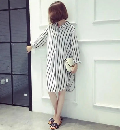 Long Sleeve Striped Printed Shirt Dress Female 2023 Simple All-match Turn-down Collar Fashion Chiffon Dresses Women's Clothing