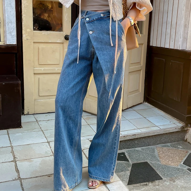 Retro High Waist Wide Leg Jeans Women's Autumn Long Pants Asymmetrical Design Versatile Chic Vintage Sle Ladies Denim Trousers