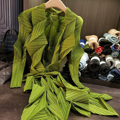 Miyake Solid Color Bud Jacket New Pleated Irregular Loose Large Size Long-sleeved Cardigan Simple Loose and Stretchy Commuter