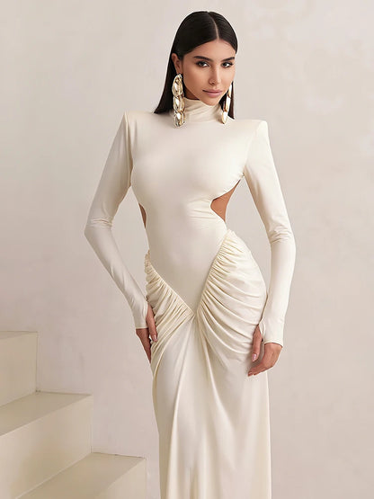 Weird Puss Backless Maxi Dress Women Long Sleeve Shoulder Pads Waistless Peach Buttocks Ruched Elegant Banquet Skinny Vestidos