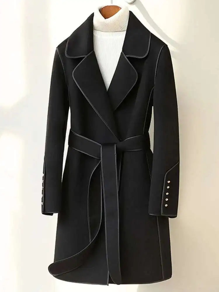 LANMREM 2023 Winter New Wool Coats For Women Lapel Long Sleeves Belt Coats Office Lady Fashion Streetwear Clothing 2DA2615