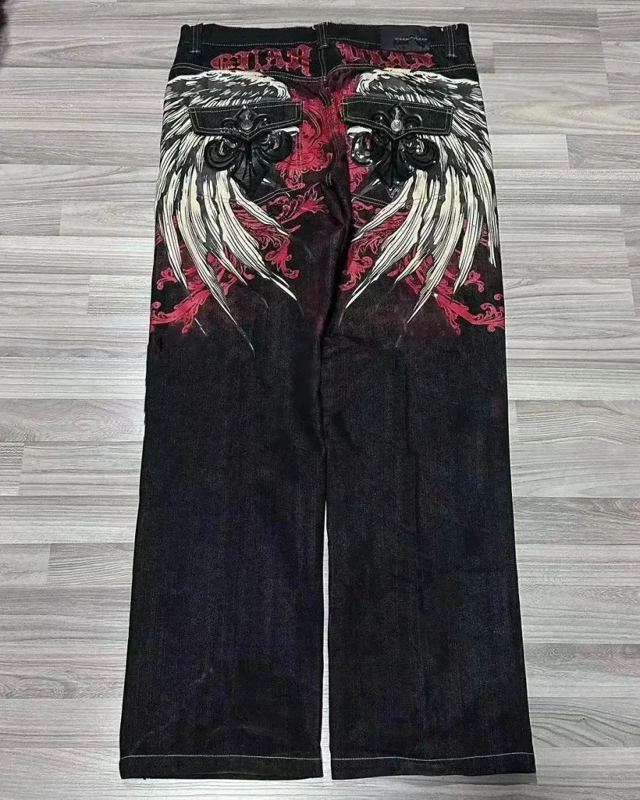 Y2K Gothic Retro Miss Me Boot Cut Jeans Women's Blue Denim Embroidery Cross Pocket Hip Hop Harajuku Wide Pants Street Wear