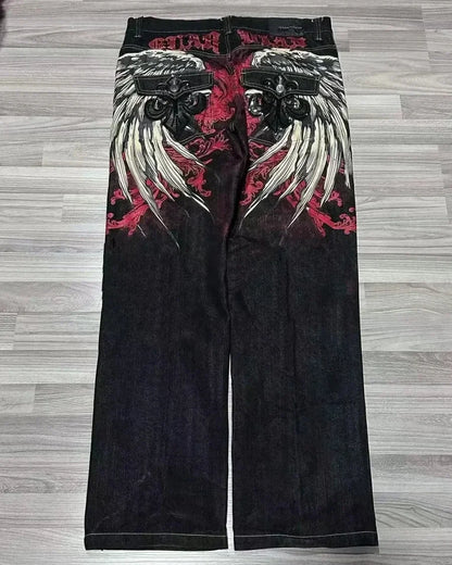 Y2K Gothic Retro Miss Me Boot Cut Jeans Women's Blue Denim Embroidery Cross Pocket Hip Hop Harajuku Wide Pants Street Wear