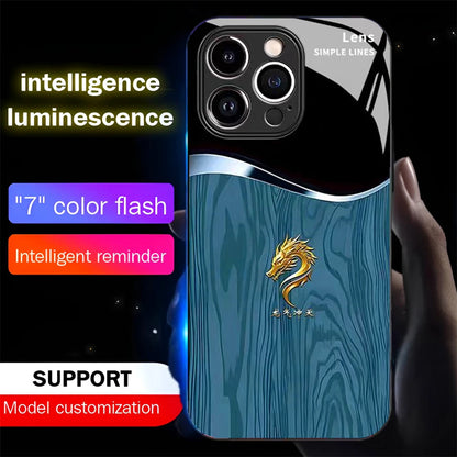 Wood Grain Dragon Emblem Sound Control LED Flash Cases Luminous Glass Cover For XiaoMi 15 14 13 12 11 Pro Ultra