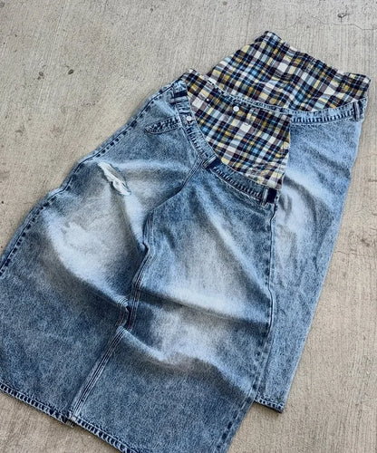 New retro striped patchwork hip hop high street women jeans Y2K fashion washed side panels men and women ripped loose jeans