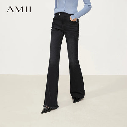 AMII Jeans For Woman 2025 Winter New Slim-fit Warm Versatile Flared Pants Simple Commuter Casual Casual Woman Trousers 12344022