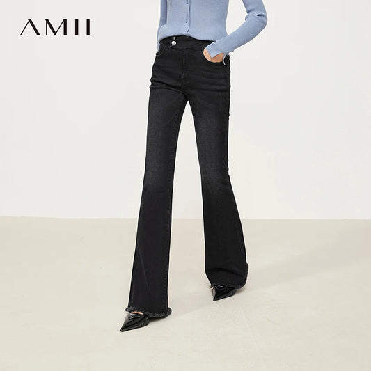 AMII Jeans For Woman 2025 Winter New Slim-fit Warm Versatile Flared Pants Simple Commuter Casual Casual Woman Trousers 12344022