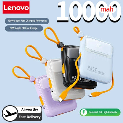 Lenovo 120W 10000mAh Power Bank Large Capacity 4 In1 Cables Intelligent Digital Display Light Portable Powerbank For iPhone New