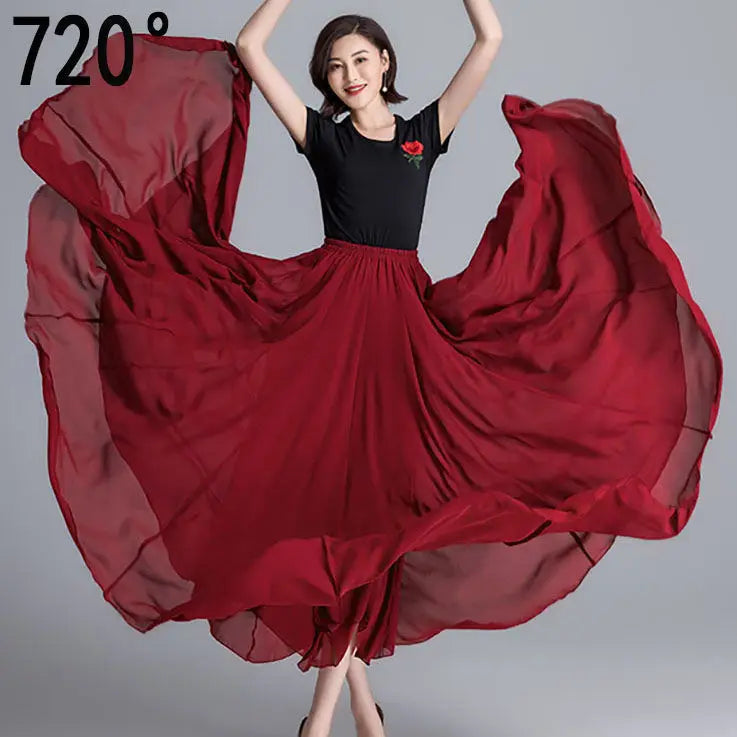 720 Degree Dance Skirt Pleated Long Skirt Women's Summer Solid Color High Waist Chiffon Long Skirt Large Swing Skirt