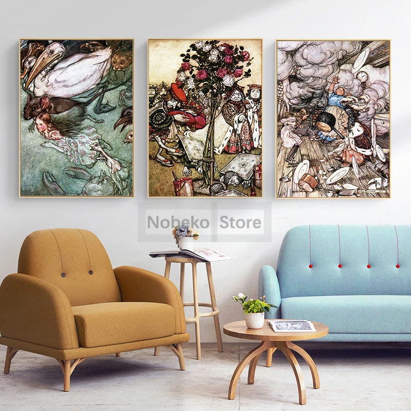 Canvas Painting Wall Art Pictures Home Room Decor Arthur Rackham Artwork Alice in Wonderland Mad Hatter Red Queen Poster Prints