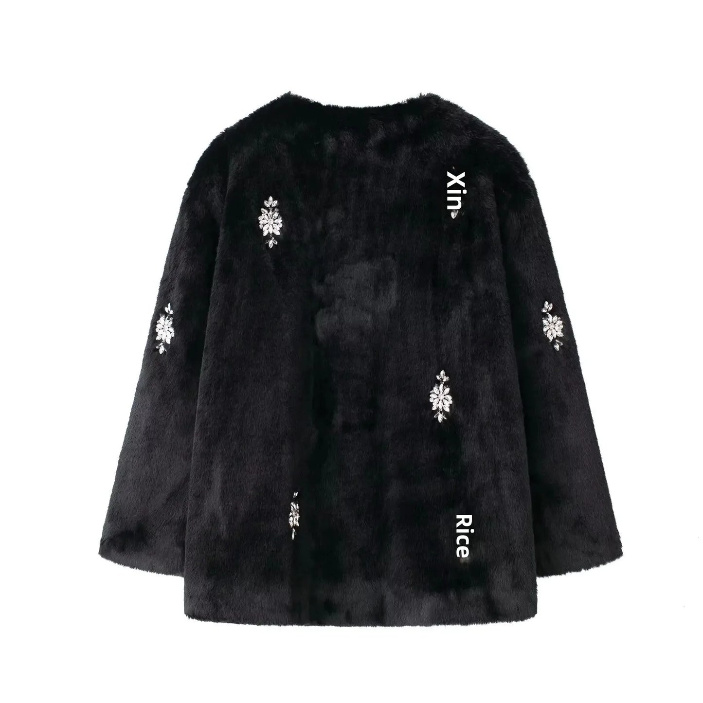SAW Independent Station Luxury Artificial Fur Jacket Women's Outerwear Crew Neck Short Coat Jewelry Decoration Winter Coat