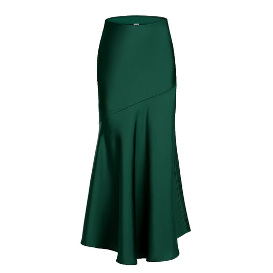 Fishtail Maxi Skirt Elegant Faux Silk Satin Skirts for Women High Waist A-line Office Lady Skirt Solid Color Glossy Finish W6681