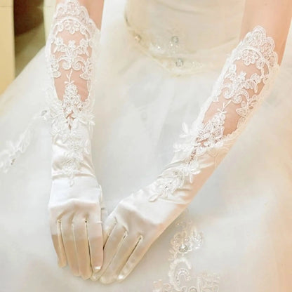 Elegant Satin Lace Gloves Long Bridal Gloves for Bride Flower Girls Women Wedding Prom Party