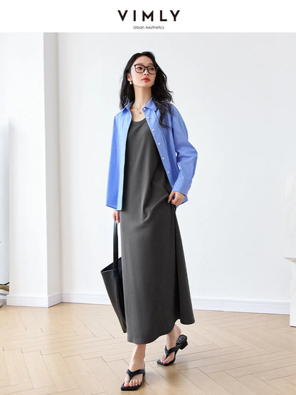 VIMLY Summer Tank Dresses 2025 Woman Simple Gray Cotton Blend Knitted Loose Sleeveless A Line Long Dress Women's Clothing M9852