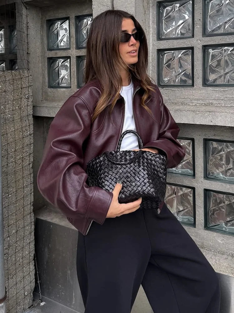 Women Wine Red Lapel Leather Jacket Fashion Full Sleeve Collar Zipper Elastic Waist Coat 2025 Casual Autumn Daily Office Outwear