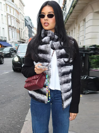 Vintage Faux Fur Patchwork Jacket For Women Fashion Knitted Long Sleeves Zipper Stand Coat 2025 Autumn Winter Female Streetwear