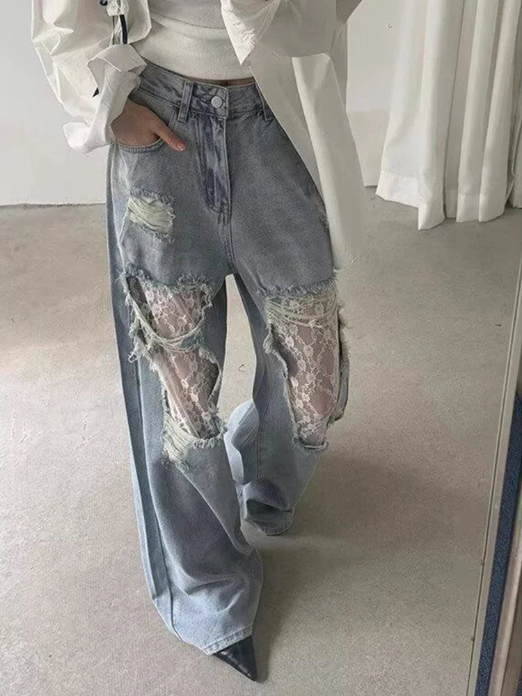 2025 Women's Y2K American Style High Waist Lace Spliced Denim Pants Loose Wide Leg Trousers Fashion Hottie Hole Patchwork Jeans