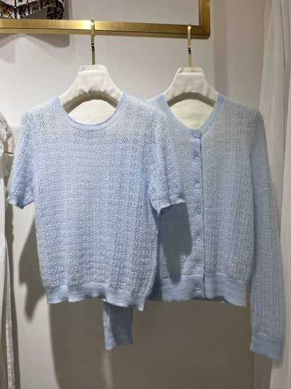 Women Hollow Out Long Sleeve Single Breasted Knitted Cardigan or Round Neck Short Sleeve Pullover