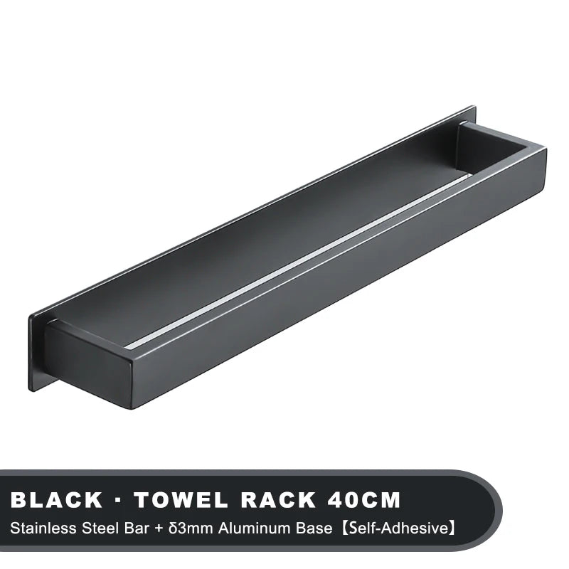 Black Stainless Steel Towel Holder No Drill Wall Shower Towel Shelf Kitchen Towel Hanger Rail Bathroom Towel Rack Self Adhesive