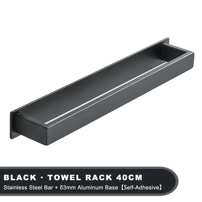Black Stainless Steel Towel Holder No Drill Wall Shower Towel Shelf Kitchen Towel Hanger Rail Bathroom Towel Rack Self Adhesive