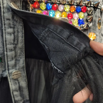 Women Rainbow Color Diamonds Beaded Mesh Ruffles Splice Jeans Jacket Multi-layers Mesh Rhinestone Denim Vests Cardigan Tank Tops