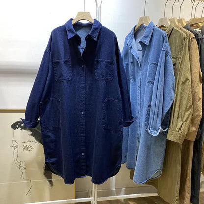 Polo Collar Mid-length Denim Jacket for Women Spring and Autumn Loose Shirt Long Sleeve Top