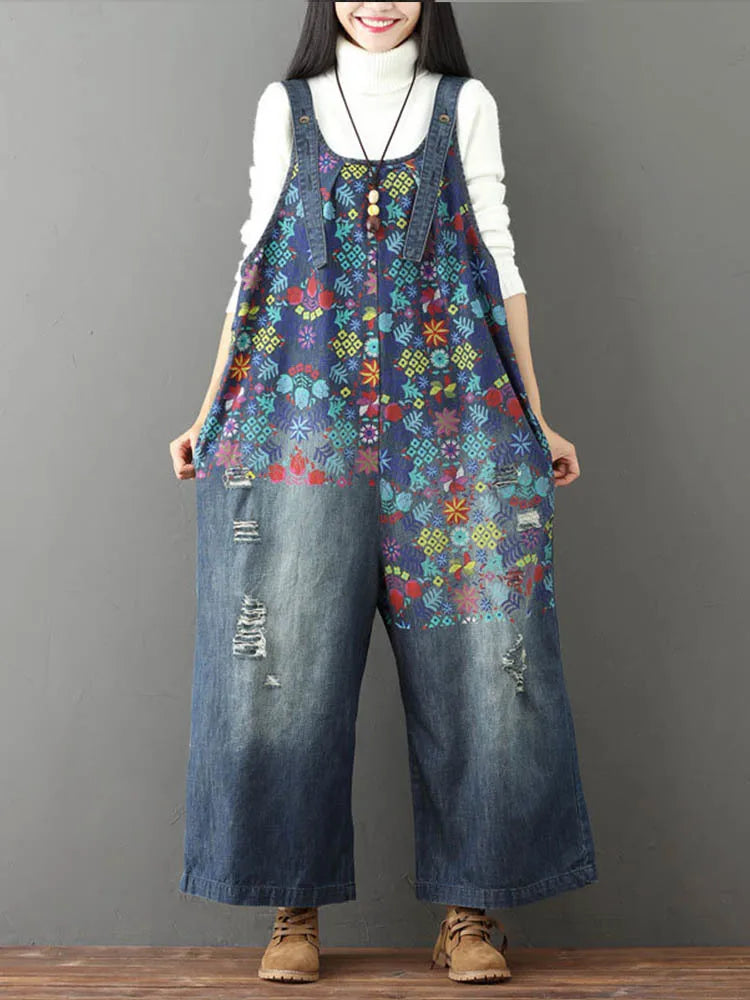 Amax luluE Streetwear 2025 Spring Flower Fashion Pants Women Vintage Printed Overalls Ladies Ripped Punk Jeans Bleached Trousers