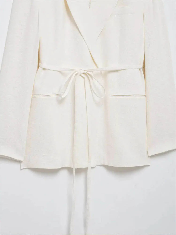 HH Women's Suits White Turn-Down Collar Long Sleeves Lace-Up Blazers+High Waist Zipper Long Pants Female Spring Fashion Sets