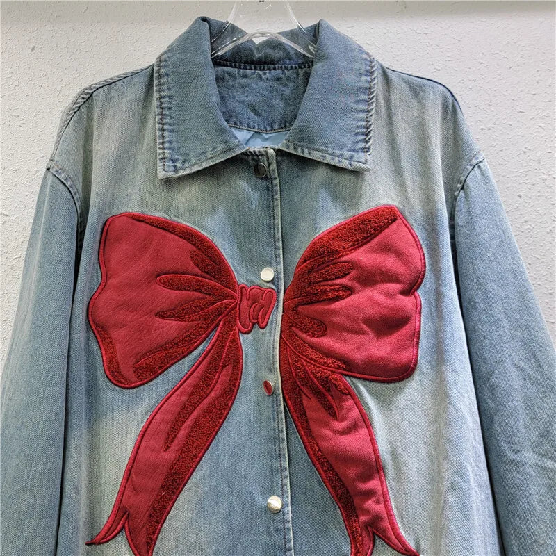 DEAT Women's Denim Coat Patchwork Red Bow Washed Blue Design Female Single Breasted Jackets 2026 Summer New Fashion 29L9359