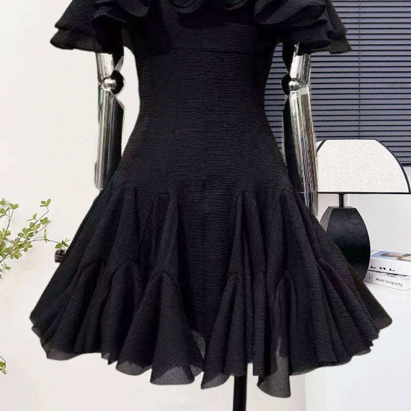 Women's Elegant Off Shoulder Ruffles Slim Mini Dress Lady Summer Sexy Party Holiday Slash Neck A Line Short Dress