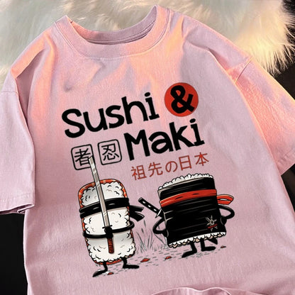 Theduc Sushi and Sushi Printing Men Women Tshirt Cotton T-Shirts Loose T Shirt Crewneck Loose Tops Fashion Clothes Unisex
