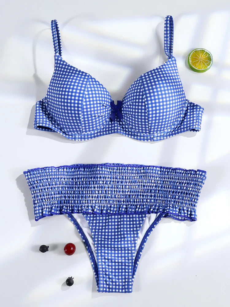 Miyouj Bow Bikinis 2026 Biquin Pleated Swimsuit Women Plaid Print Bikini Set Sexy Swimwear Push Up Beachwear Low Waist Bath Suit