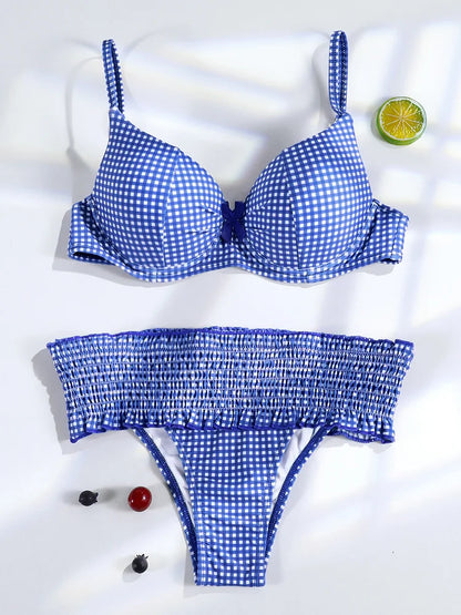 Miyouj Bow Bikinis 2026 Biquin Pleated Swimsuit Women Plaid Print Bikini Set Sexy Swimwear Push Up Beachwear Low Waist Bath Suit