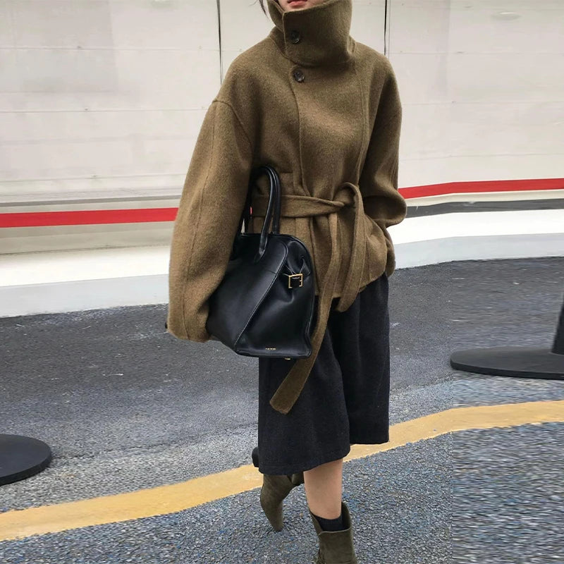 Elegant Women's Belt Stand Collar Woolen Coat Chic Single Breasted Full Sleeve Jacket 2025 Autumn Winter Lady Commute Streetwear