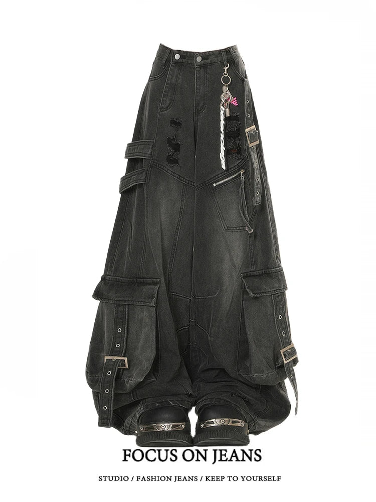 American Deconstructed Sa Multi-ket Workwear Jeans Women Loose Wide Leg Pants High Waist Long Trousers Blue Casual