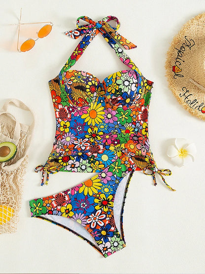 2026 Vintage Tied Halter Floral Print Tankini Set Women Summer Push UP Swimsuit Ladies Beach Backless Swimwear Bathing Suit Swim
