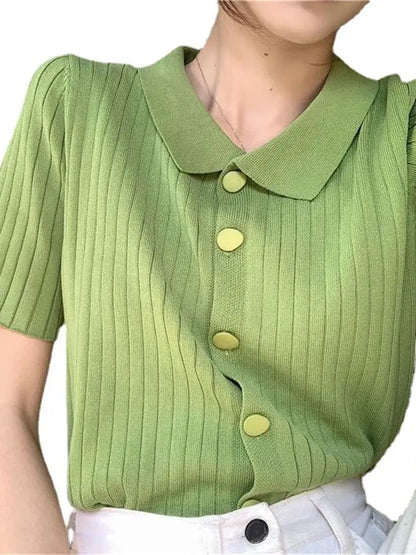 Cardigan Women Solid Short Sleeve Knitted Turn-down Collar Summer Casual All-match Tops Slim Button Up Students Korean Style