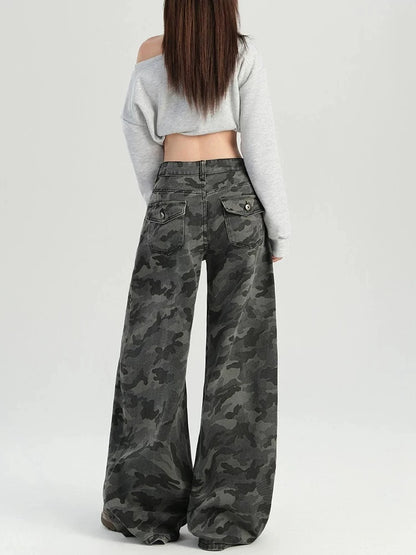 American High Street Fashion Cargo Pants Female Autumn Retro High Waist Women Pants Loose Slim Straight Leg Casual Woman Pants