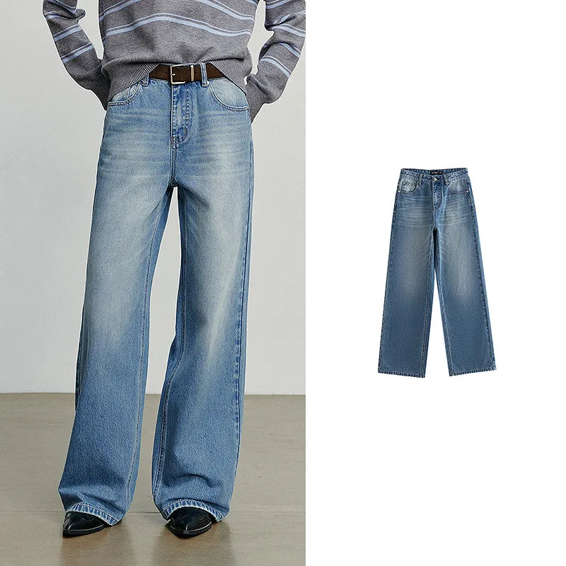 TOYOUTH Women Denim Jeans 2025 Autumn New Cotton High Street Wide Leg Pants Gray