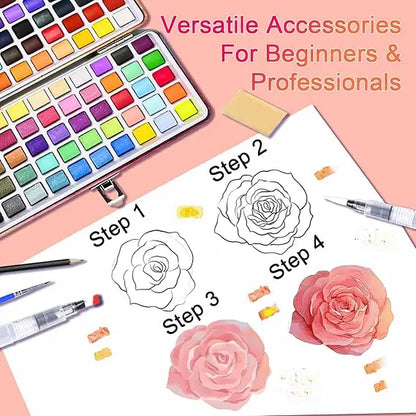 The 50/72/90/100/128/168 watercolor paint set includes a palette, brushes, drawing pens, professional painting supplies