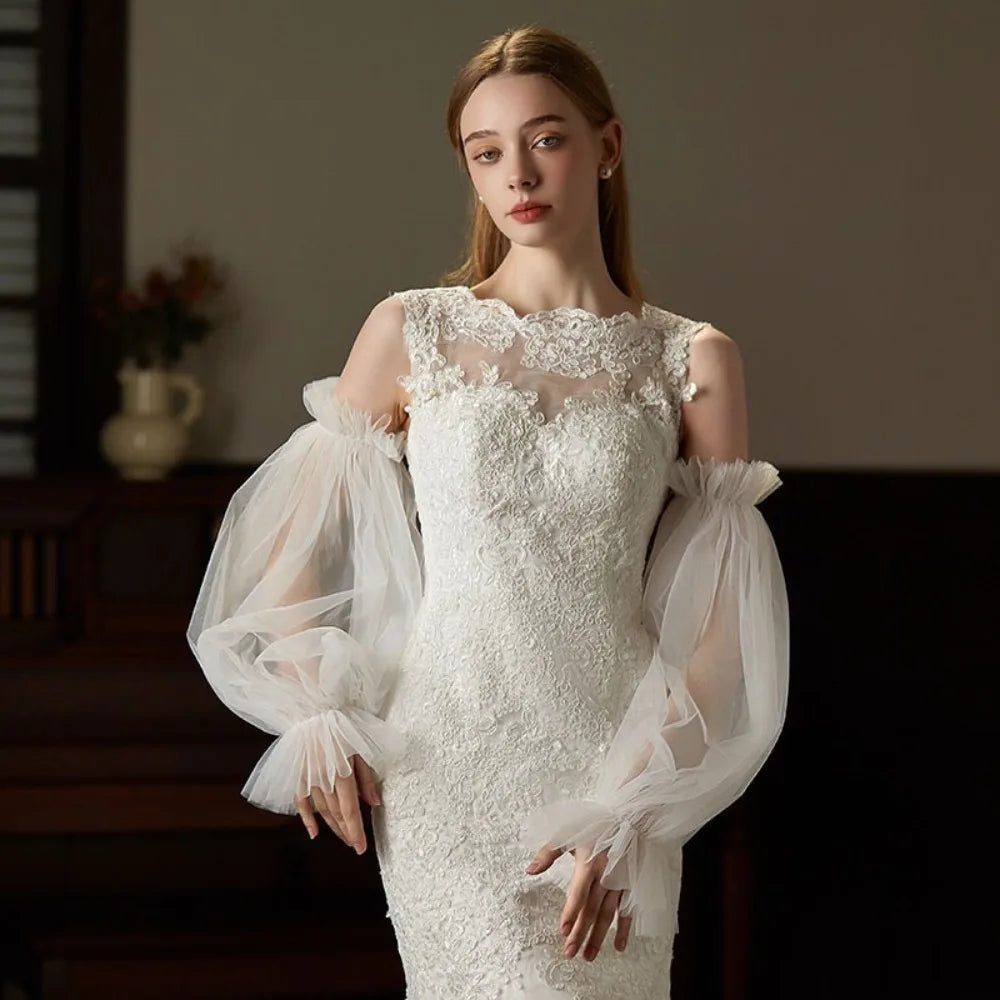 Elegant Yarn Bridal Arm Sleeves Pleated Lace Breathable Wedding Long Sleeves Thin Lantern shaped Detachable Sleeves Women