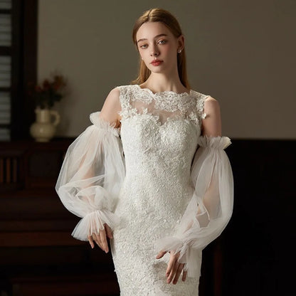 Elegant Yarn Bridal Arm Sleeves Pleated Lace Breathable Wedding Long Sleeves Thin Lantern shaped Detachable Sleeves Women