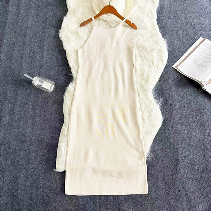 Sexy Summer Knit Strap Dress Women Halter Elatic Waist Bodycon Sundress Female Beach Solid Maxi Long Dress