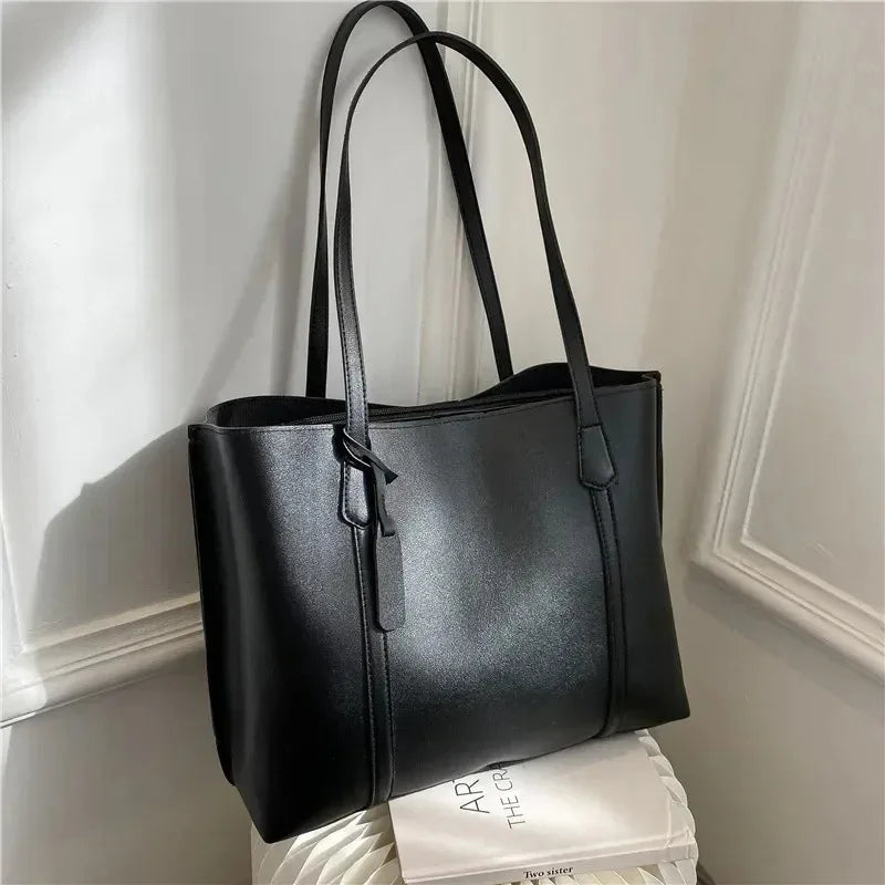 New Trend Retro Solid Color PU Leather Underarm Bag Simple Women Large Capacity Bag Shopping Travel Elegant Unisex Tote Bags