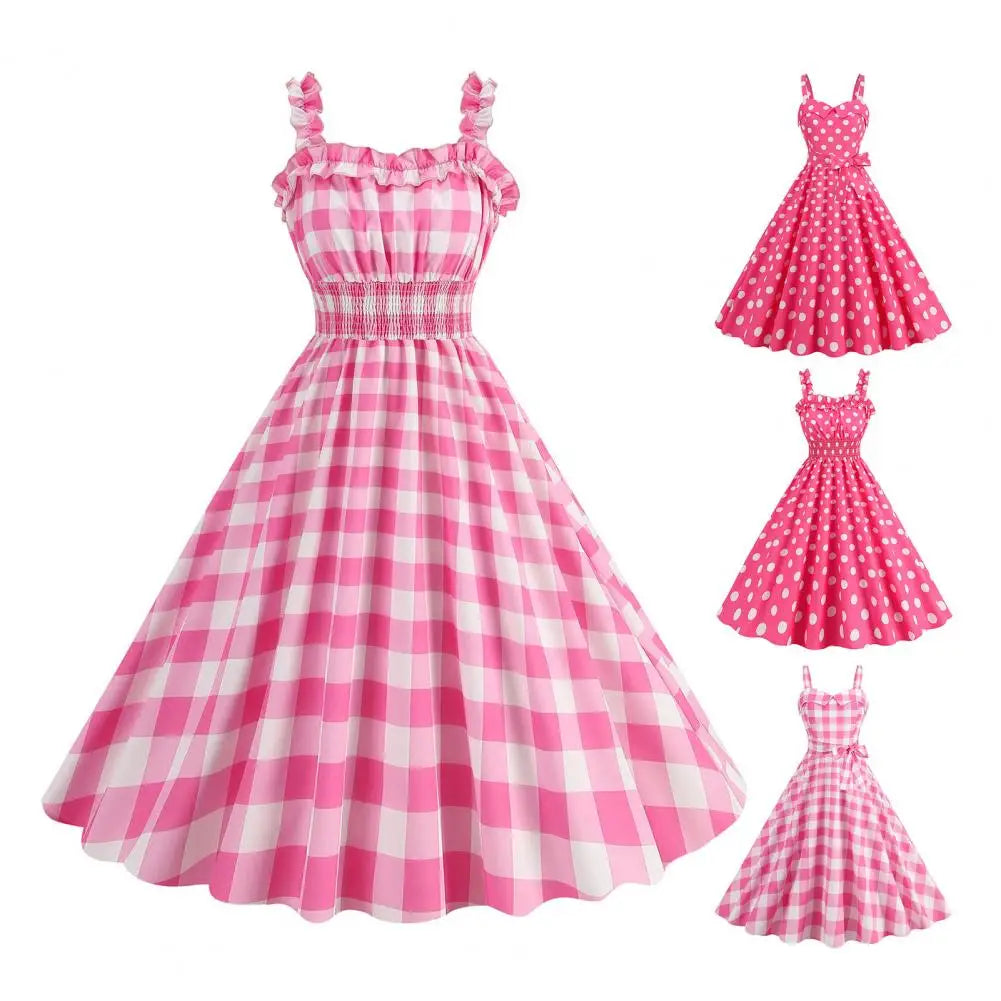 Women Vintage Pink Plaid Dress Retro Rockabilly Strap Suspenders Cocktail Party 1950s 40s Swing Dress Summer Dresses