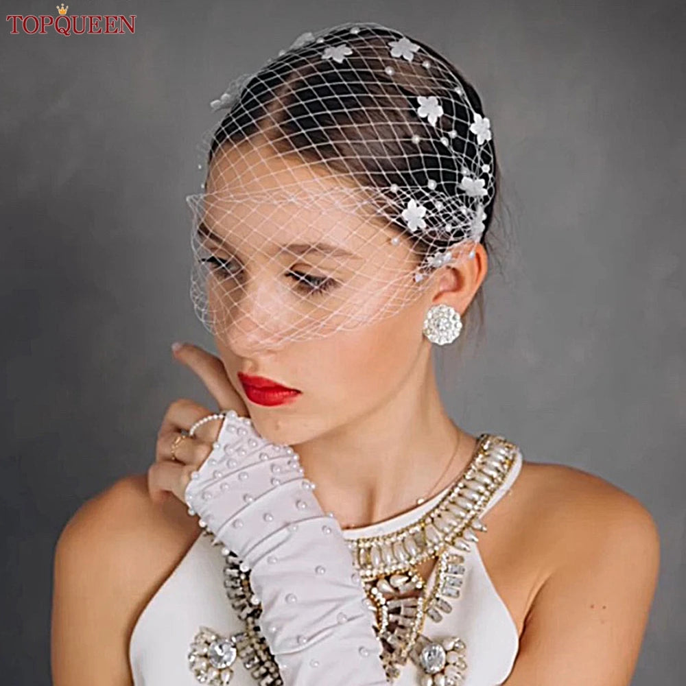 TOPQUEEN VA15 Russian Tulle Cage Veil White Crinoline Face Veil Headband Fascinator Cocktail Hats Bridal Hair Accessories