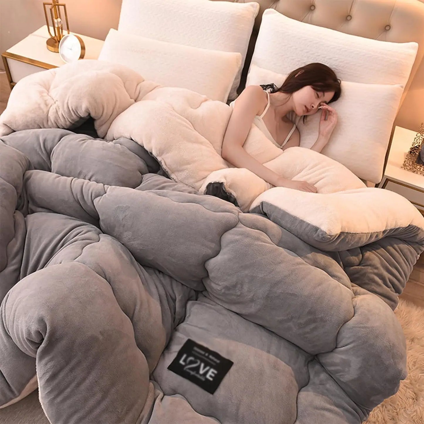 Contemporary Style Reversible Sherpa Fleece Winter Comforter, Soft Breathable Plush Warm Bedding, 100% Polyester Fill & Cover