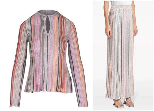 Women Metallic Sequined Striped Long Sleeve Knit Top+ Elastic Waist Long Skirts Sets